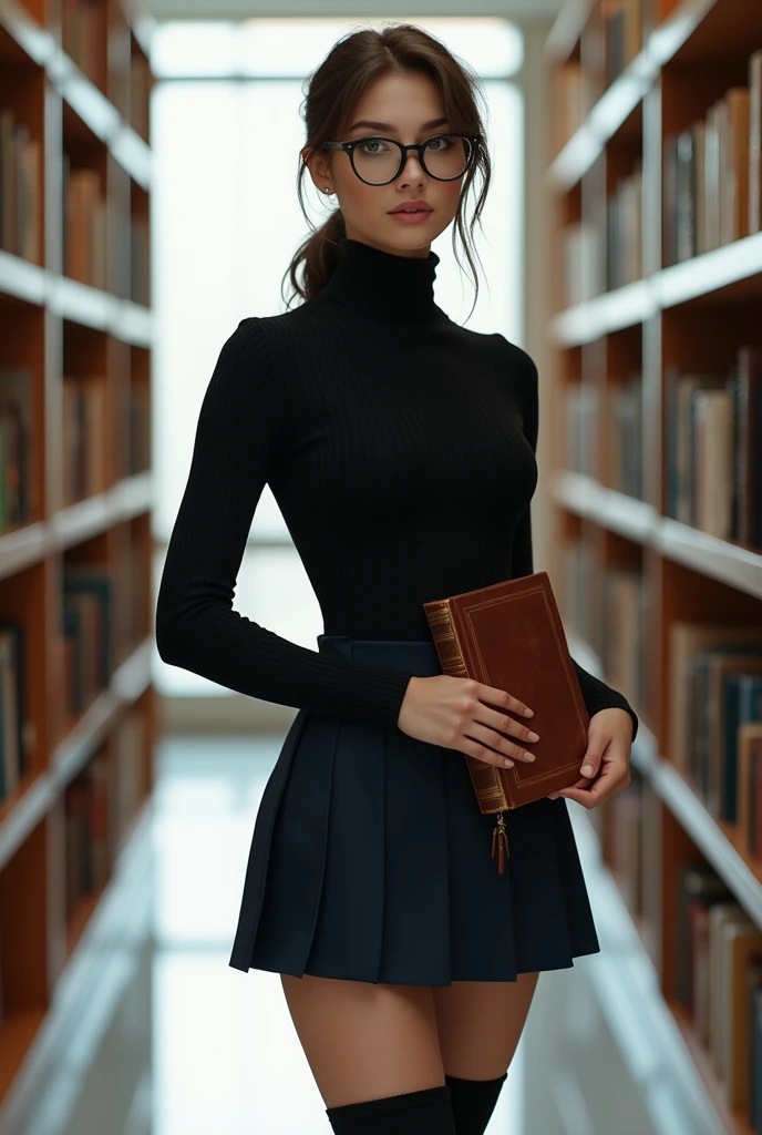 A college girl with a playful twist on the traditional nerd look, exuding an undeniable sex appeal. She stands in a well-lit university library, surrounded by towering bookshelves filled with academic tomes. Dressed in a form-fitting black turtleneck sweater that accentuates her curves, she pairs it with a short, pleated navy blue skirt which reveals a glimpse of her black stockings and knee-high boots. Her hair is pulled back into a loose ponytail, with a few strands framing her face, and she wears a pair of oversized, thick-rimmed glasses that are slightly askew. The girl holds a vintage leather-bound book in one hand, while the other hand rests on her hip. Her makeup is minimal yet striking, with a touch of pink on her lips and a smoky eye that highlights her bright, intelligent gaze. The setting is a modern, minimalist library with clean lines and natural light streaming in from large windows, creating a soft, scholarly ambiance. The contrast of the old-school book with her contemporary outfit, along with the juxtaposition of her confident stance and the serene academic environment, encapsulates the fusion of intelligence and sexiness that defines this modern nerd aesthetic.