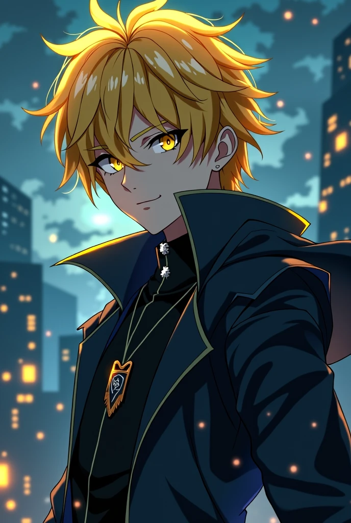 Yellow hair, yellow eyes, yellow hair, anime, , young man in his twenties, wearing black, night, soft lighting, strength, majesty, handsome, cold look, vengeful 
