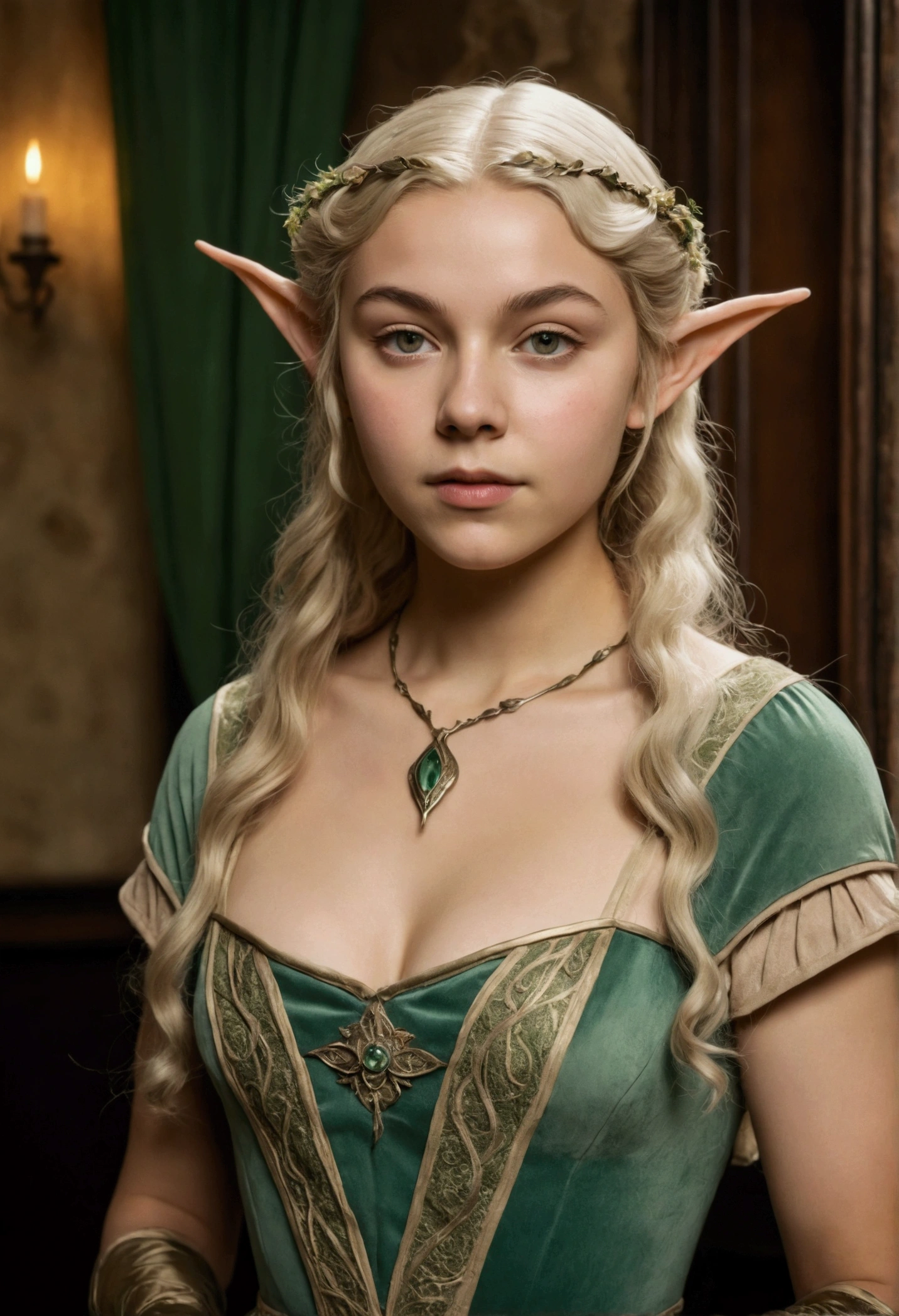 1910s analog film photograph, colorized photo of an elven maiden, 18-years-old, amazonian stature, thick-fit hourglass figure, busty breasts, toned, athletic, wearing a victorian traveling dress, warm almond complexion, pointy elf ears, platinum blonde hair, thick curly bangs, resembles Margaery Tyrell, standing in a manor drawing room, RAW Photograph, dslr, soft lighting, high quality, film grain, Fujifilm XT3, detailed skin with visible pores, insane details, masterpiece, 8k, 35mm photograph, faded film, desaturated, grainy, vintage, Lomography, stained, highly detailed, found footage, long elven ears