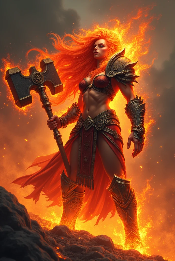 Fire giant warrior queen with warhammer flowing hair powerful red skin