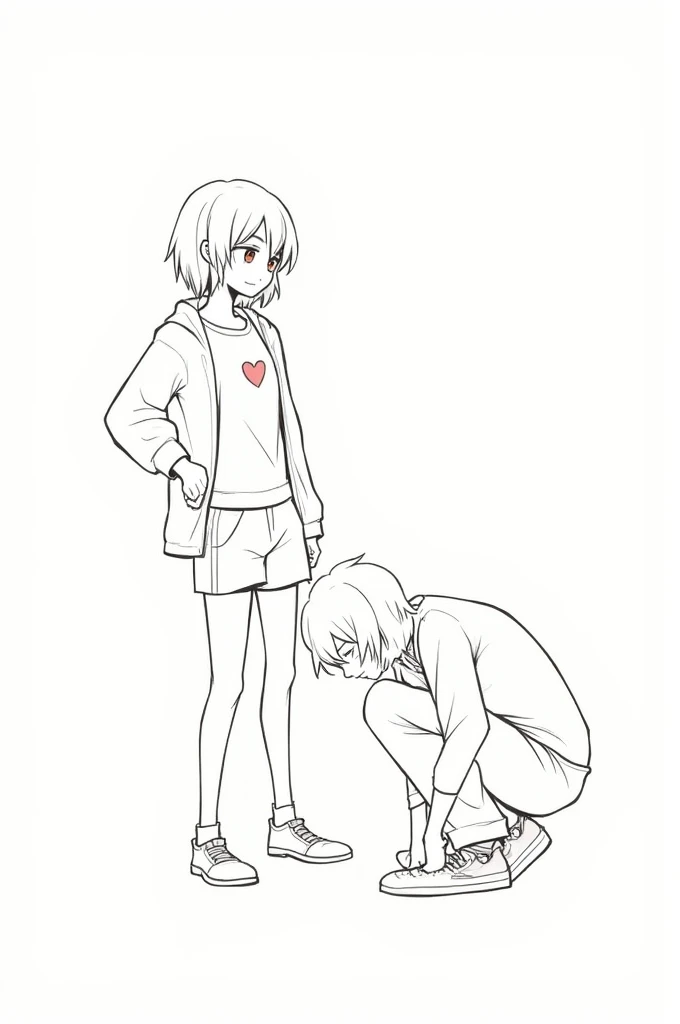 ### **Image description:**
In this image we see two characters drawn in basic lines. On the left, a girl standing with a confident pose, one hand on her hip and the other resting on her chest. His hair is short and messy. She is wearing an open sweatshirt and pants where you can see a small heart on the upper thigh.. On the right, A boy walks with a hunched posture and slumped shoulders, suggesting sadness or tiredness. He has short and messy hair, similar to the girl's, and wears a loose t-shirt and pants.
### **Tips to improve the image:**
1. **Proportions and anatomy:**
- **Anatomical details:** Make sure to check the body proportions of both characters. The girl has a good structure, but you could refine some details, like the curvature of the back and the position of the legs to make them more natural.
- **Boy's Pose:** To improve the boy's slumped posture, You could exaggerate the tilt of his torso or the slump of his shoulders a little more., which would further convey that feeling of tiredness or resignation.
2. **Expressiveness:**
- **facial expressions:** at the moment, the faces have no details. Adding a sad or tired expression on the boy and a confident or defiant expression on the girl will help better convey the story between the two characters..
- **Clothing Details:** The girl's sweatshirt could have more details, like folds, Shadows, the locks. Same with the boy's clothes., You could add wrinkles or small details that show wear., according to your emotional state.
3. **Luces y Shadows:**
- **soft shadows:** Agregar Shadows puede ayudar a dar más volumen y profundidad a los personajes. Usa Shadows suaves en la piel, clothes and hair to define the shapes. The light could come from the moon that appears on the previous cover., which would give you a dramatic effect.
- **Contour highlighting:** The c