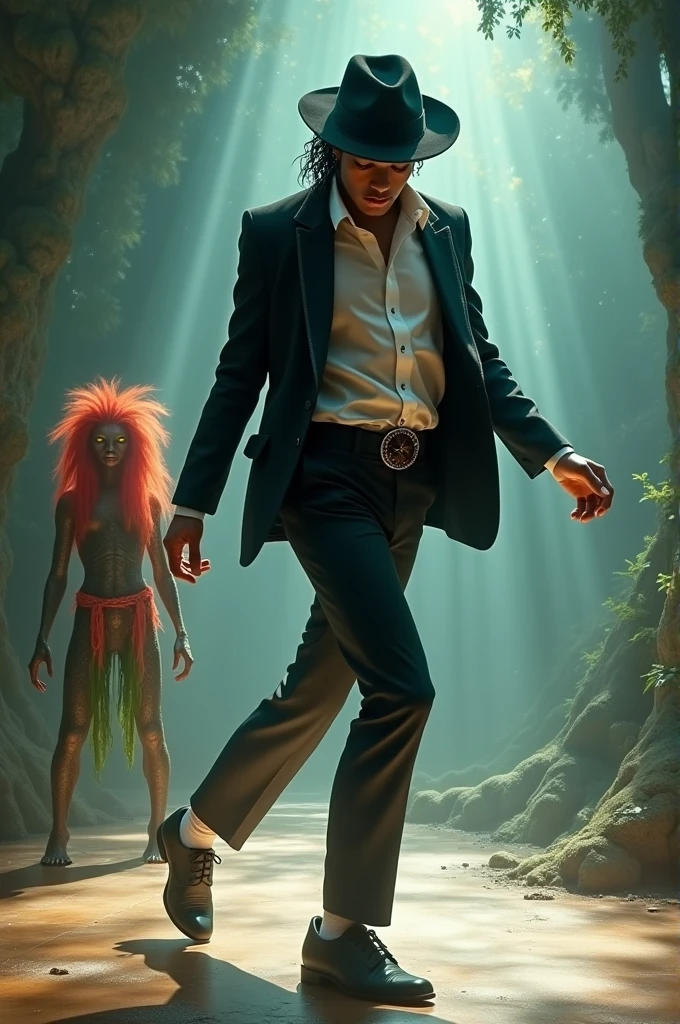 Michael Jackson moonwalking while Curupira watches