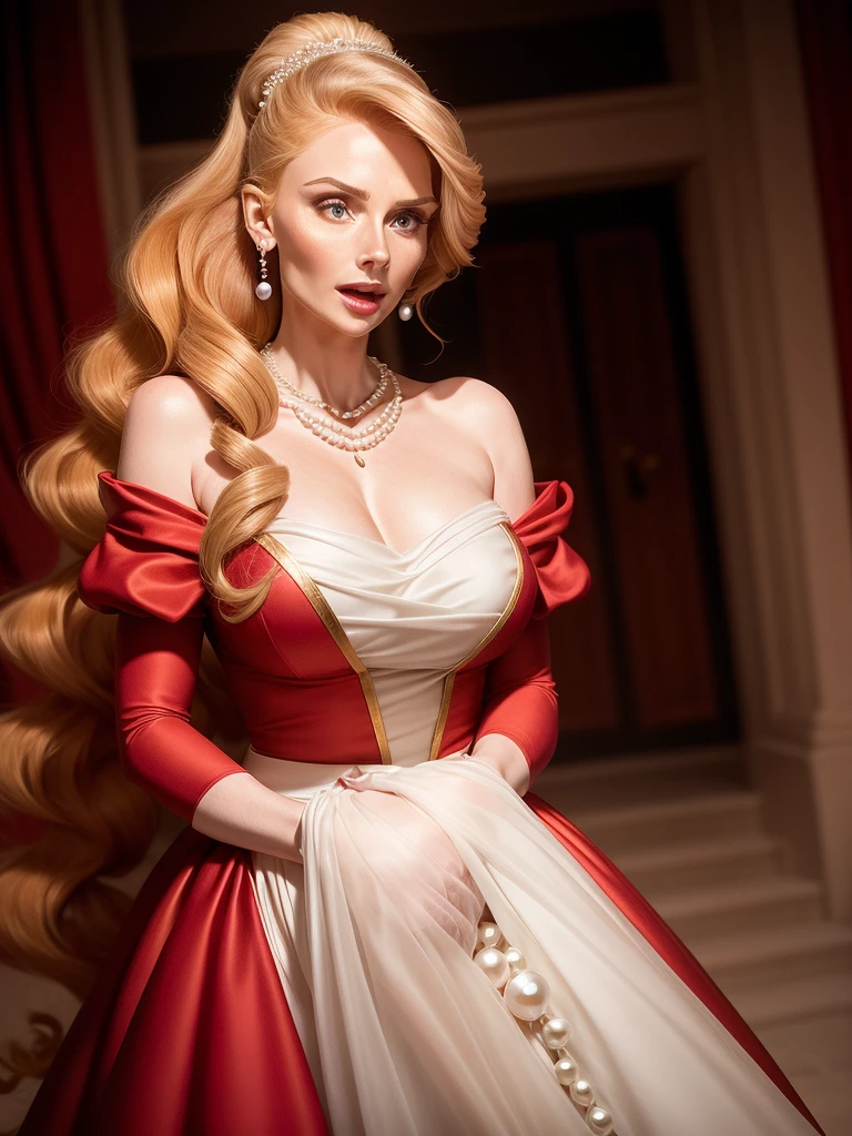 Realistic photo of an elegant 30-year-old woman in a cute floor-length red ball gown, with a necklace of white pearls and a pendiendes of white pearls with blonde hairShiny hair, high ponytail, rippled hair, curly hair, V-shaped eyebrows, longeyelashes, Make-up, open mouth, fog, 