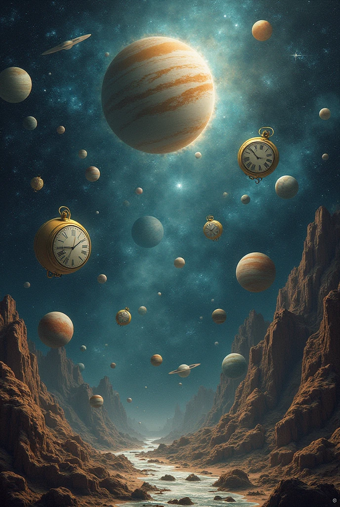 make me a universe scene with lots of clocks and floating planets