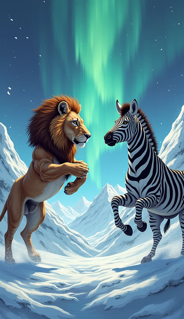 The lion jumps in the air against the background of the snowy mountains and the aurora sky, revealing its powerful body and fierce expression. Below, a muscular zebra raising its arms in a defensive position also shows a strong expression. The opposite word in the lively comic font is in the middle between the two animals, showing a confrontation and a very large mouth. Snow and ice cover the ground, increasing the forest cooling.