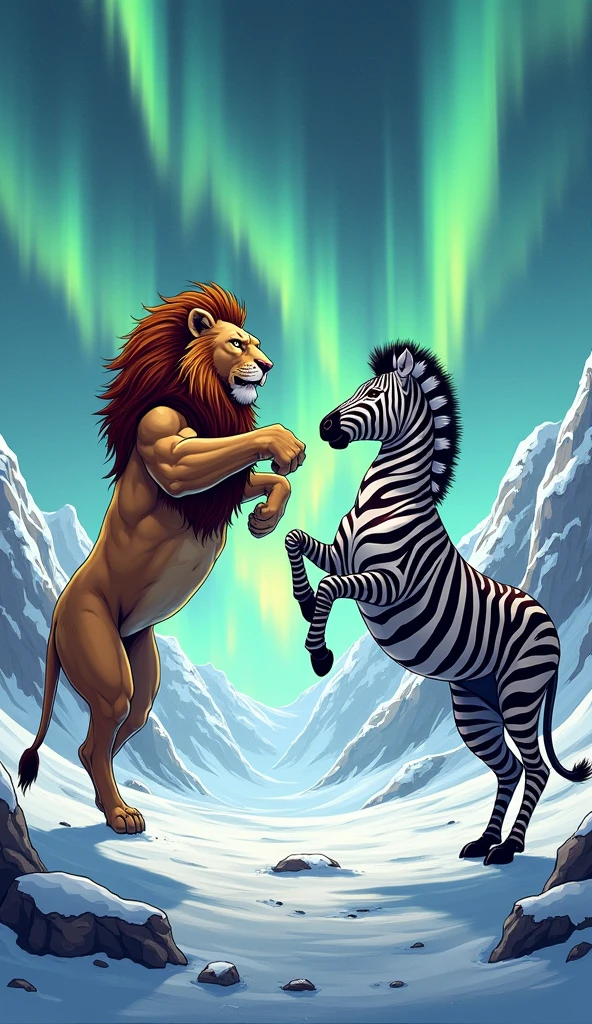 The lion jumps in the air against the background of the snowy mountains and the aurora sky, revealing its powerful body and fierce expression.   Below, a muscular zebra raising its arms in a defensive position also shows a strong expression.   The opposite word in the lively comic font is in the middle between the two animals, showing a confrontation and a very large mouth.   Snow and ice cover the ground, increasing the forest cooling.