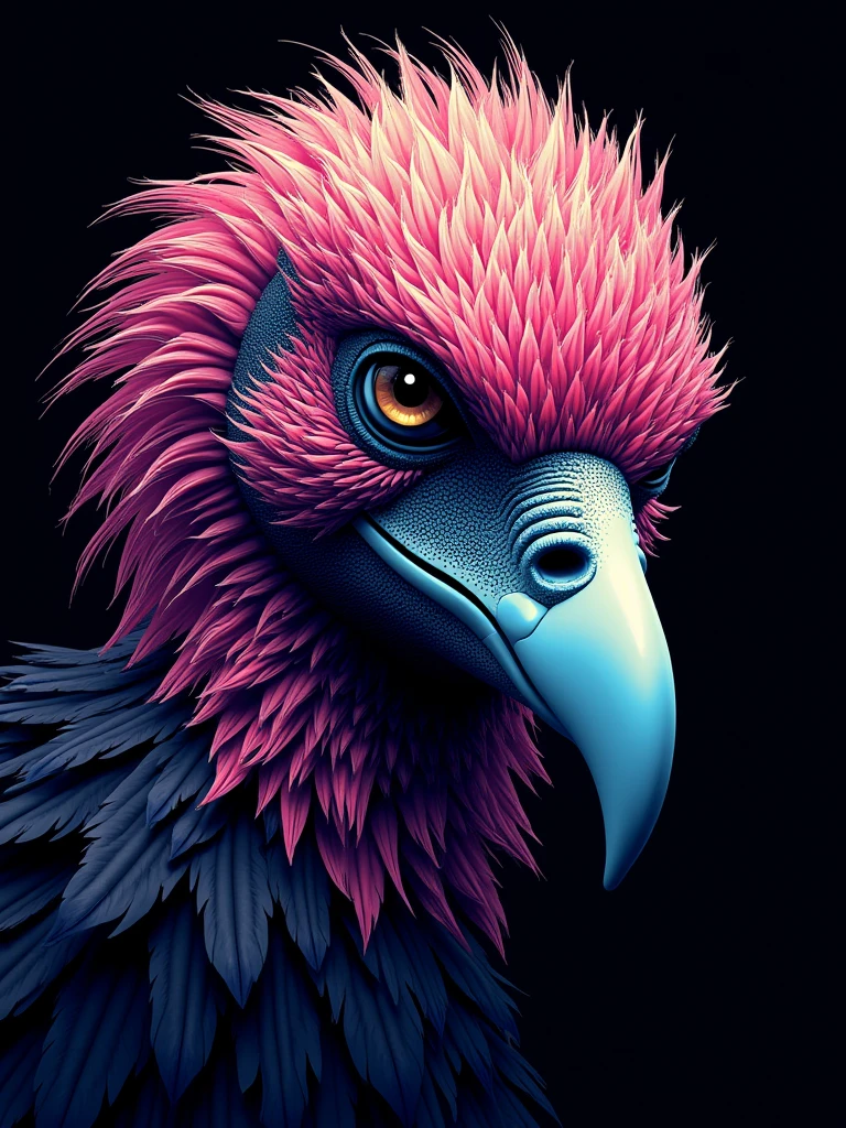 head of a vulture psychadelic, vector image, t-shirt design, isolated, black background, futuristic 3D illustration ((More Detail, Enhance))., Miki Asai Macro photography, close-up, hyper detailed, trending on artstation, sharp focus, studio photo, intricate details, highly detailed, by greg rutkowski