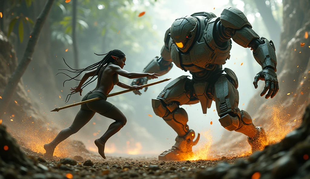 avatar movie inspiration A closer shot shows a Na'vi warrior engaged in close combat with a human soldier in a mech suit. The Na'vi leaps onto the mech, using agility and speed to outmaneuver the mechanical giant. The warrior stabs at the joints of the suit with a spear, trying to disable it. Sparks fly as the spear connects with metal, and the soldier inside struggles to maintain control. The scene is intense and chaotic, emphasizing the clash between the organic Na'vi and the mechanical humans. Key Elements: Na'vi warrior, human soldier in mech suit, close combat, sparks, intensity, chaos.
