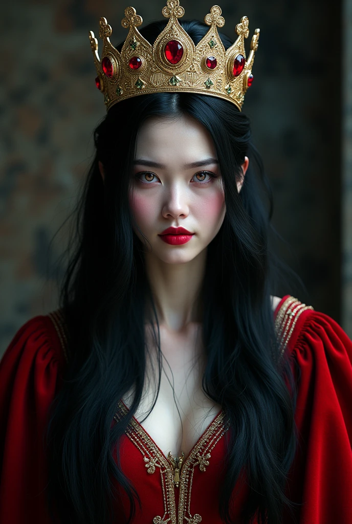 A vampire woman with long black hair and bangs, pink iris eyes and a golden crown with ruby stones on her head, wearing a red velvet medieval dress