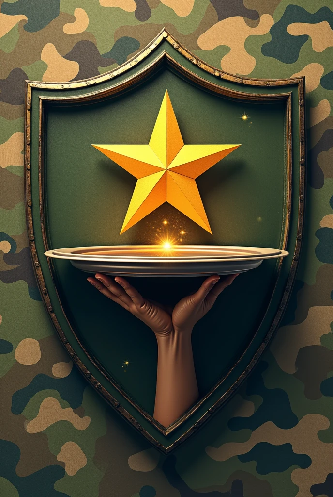 Shield with a hand holding an open waiter&#39;s tray with an army star floating, Brazilian army camouflage clothing sleeve 