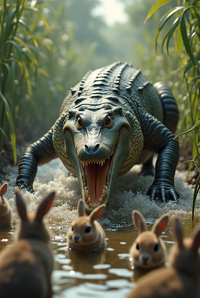 Crocodile attacking rabbits