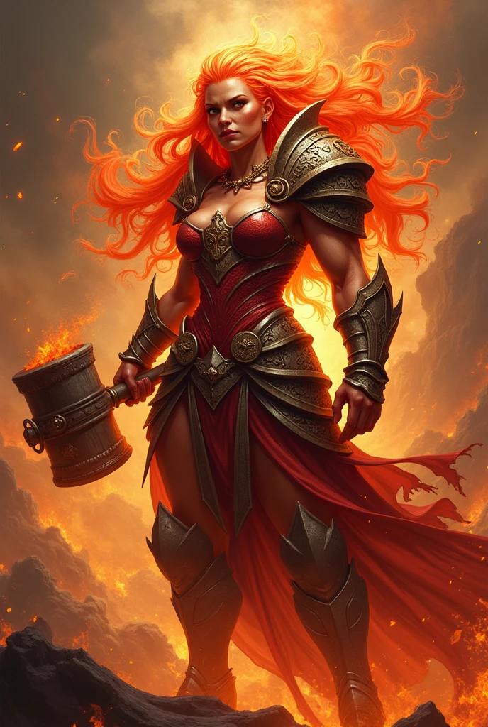 Fire giant warrior queen with warhammer flowing hair powerful red skin tone