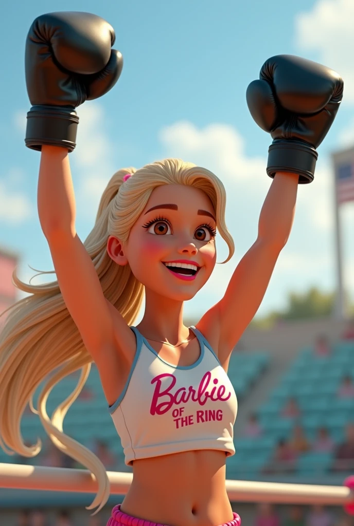 fair-haired maiden, high ponytail, brown and almond shaped eyes, rosto comprido, T-shirt written "BARBIE OF THE RING", Wearing black boxing gloves, with his hands raised as if he had won the fight, happy and smiling animation inspired by Pixar's 3D cartoon