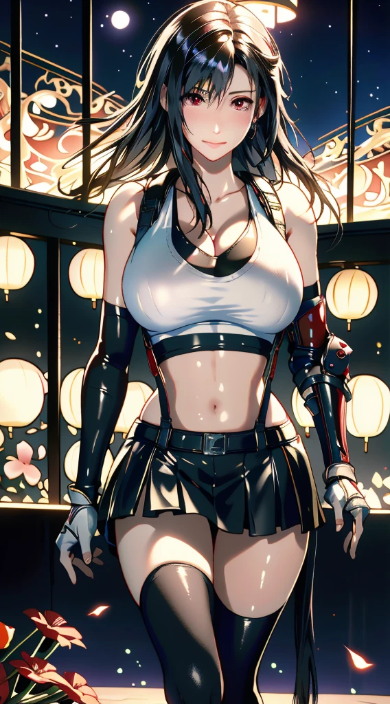 (8ｋ, highest quality, MASTERPIECE:1.2), (photorealistic:1.3), Super Detailed, girl 1 person, mature, solo, (Tifa Lockheart:1.2), (big chest), (giant breasts), (((huge lift clothes to show bra))), (((black bra))), (beautiful red eyes), (smiling:1.2), (Closed), erotic pose, dance, neon lights, street scenery, Depth Of Field, Dark and strong shadows, Sharp focus, auto, motion blur, bike, Depth Of Field, composition, Glowing green light, Final Fantasy VII, (nose blush), Single Elbow Pad, Ankle Boots, dark black hair, toned thighs, red boots, Elbow Gloves, Elbow pads, Fingerless Gloves, Taut Shirt, sports bra, (suspenders), (Black Skirt), tights, white tank top, All over body, head rest, Lips, delicate facial structure, Low Tie Long Hair, (red_Ojo), Yellow flowers, (night:1.3), Complex, Bokeh, Cinematic Lighting, Photon mapping, Radiosity, physically based rendering, NSFW, Perfect Breasts