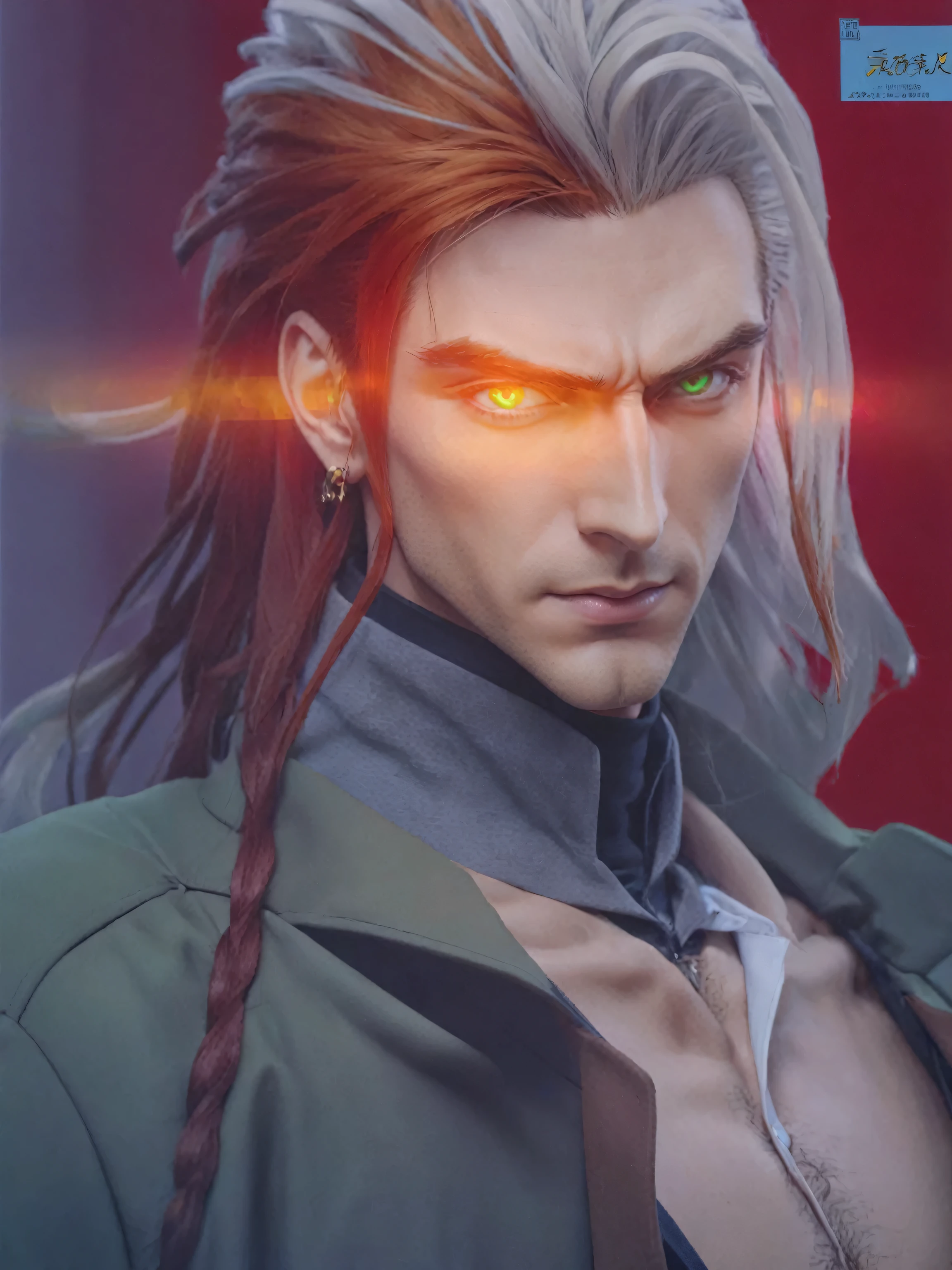 ((highest quality, masterpiece, 1 male, handsome, male, adult male, older guy, broad shoulders, tall height((big hair)), looking at the viewer ((green eyes)), ((orange hair, hair tied), standing, piercings, older face, adult, anime version, black coat outfit, tall man, anime, coat outfit, showing the whole character