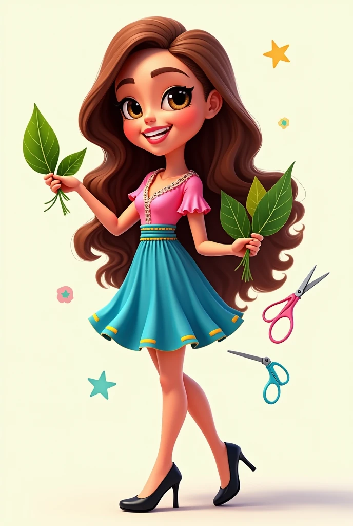 Brazilian doll woman mascot with long light brown hair, brown eyes and fair skin, Grinning, blue and pink dress with yellow details, with the name Day Holding in the right hand several leaves and in the left hand a small pair of scissors Pink. black high heel shoes transparent bottom