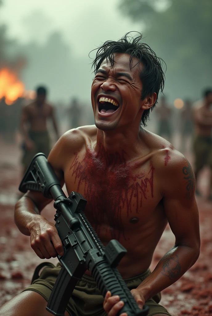 Helen Skelton, Vietnam War era, close-up action shot from ground level, naked US soldier, tattoos, laughing, sweating, damp hair, bloodied and bruised, sunny, M16, on a bloody battlefield, mud, explosion, fires