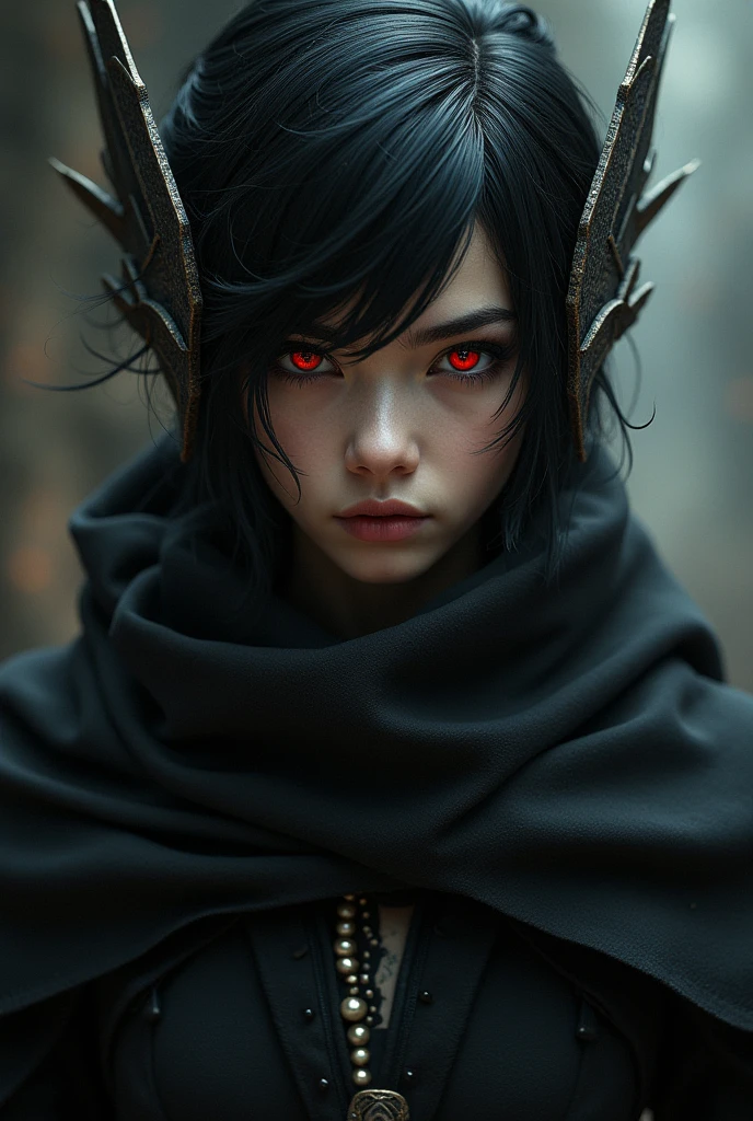 Red almond eyes, marked chin, thick eyebrows and black hair with shields.