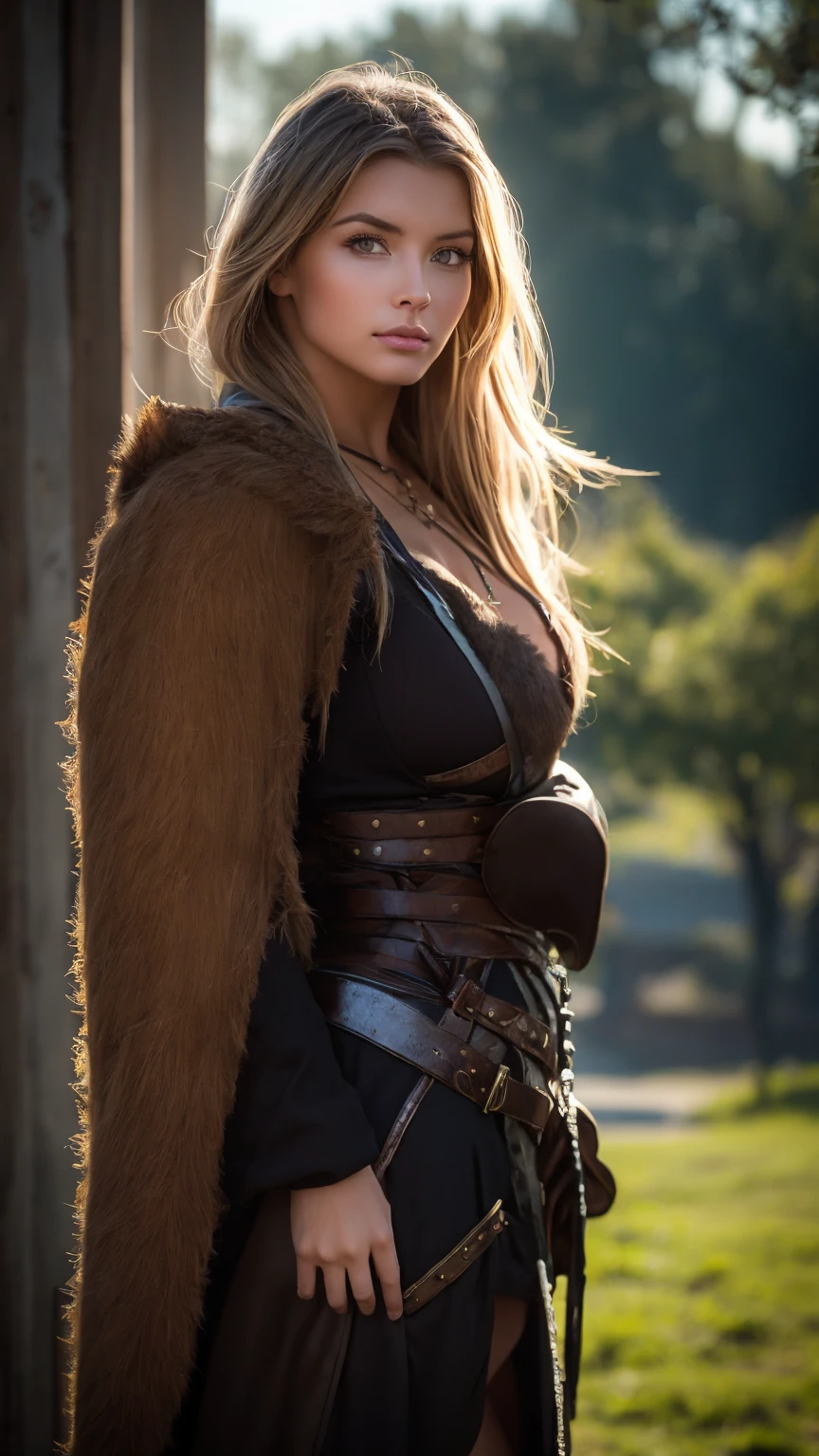 Photorealistic rendering of a female Viking warrior wearing a brown bearskin cloak
