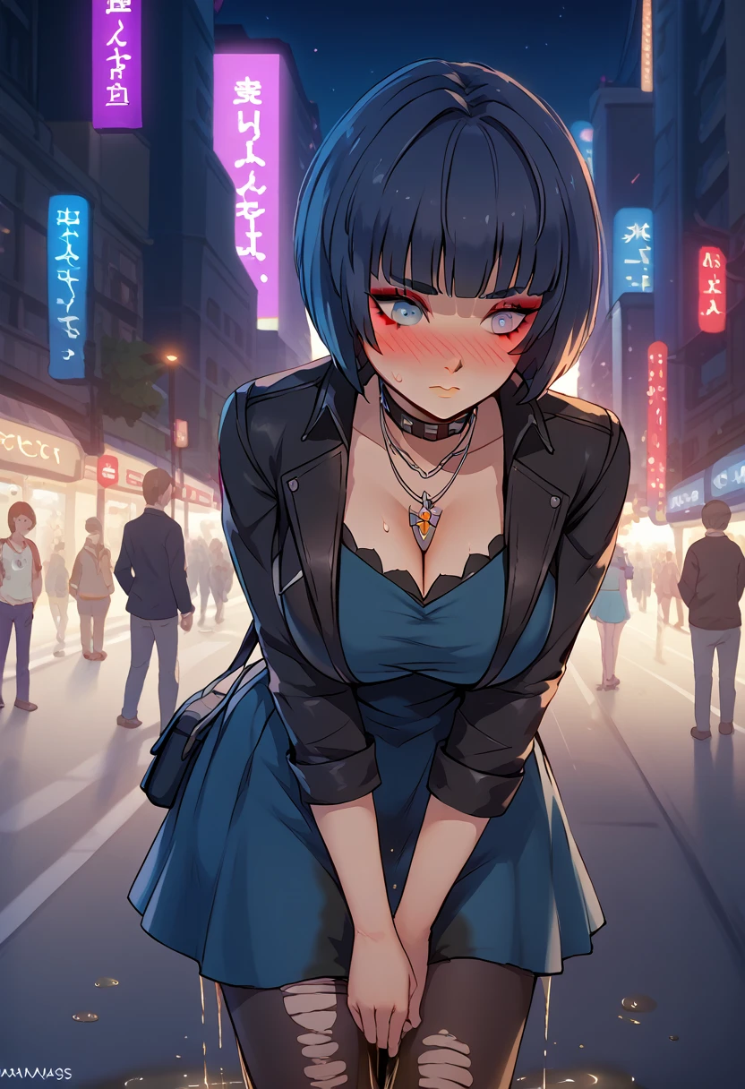 takemicasualp5, extremely detailed face, extremely detailed eyes, short hair, bob cut, very black hair, blue hair, choker, necklace, leather jacket, blue dress, spiderweb, ripped pantyhose, makeup, eyeliner, (wetting self:1.5), desperation, huge breasts, (blushing:1.5), embarrassed, humiliation, aroused, orgasm, trembling, city, street, crowd, night, futuristic, colorful lights, colorful city