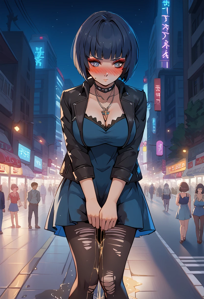 takemicasualp5, extremely detailed face, extremely detailed eyes, short hair, bob cut, very black hair, blue hair, choker, necklace, leather jacket, blue dress, spiderweb, ripped pantyhose, makeup, eyeliner, (wetting self:1.5), desperation, huge breasts, (blushing:1.5), embarrassed, humiliation, aroused, orgasm, trembling, city, street, crowd, night, futuristic, colorful lights, colorful city