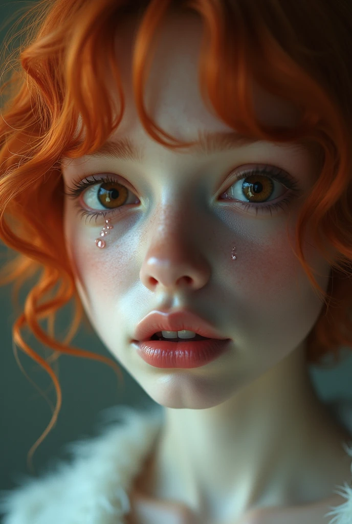 ((close-up, cryin, tears))Beautiful white girl, orange short hair, ((highly detailed eyes)) eyes browns,, (Olhos delicados com tears, is sad, remedy)) , delicate lips),  unity wallpaper 8k, (high-range dynamics :1.4), (movie atmosphere),(subdued colors), (natural skin texture, ultra-practical, smooth light, Spitz),(very detailled), natta, moonlights, ((fur body)), ((curly hair)), ((She's sitting in the chair))(( remedy de tristeza)) ((tears na face))