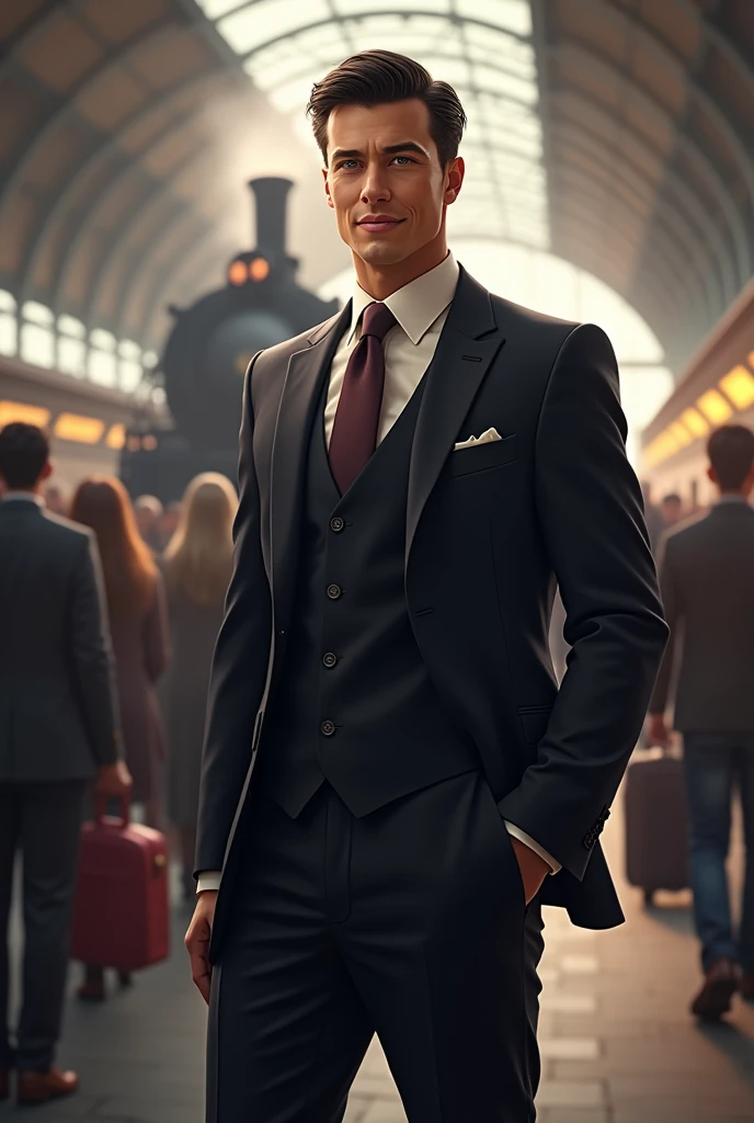 man, short black hair, closed smile, dressed in an elegant suit, full body, in a train station, looking at the camera, a locomotive behind, photorealistic