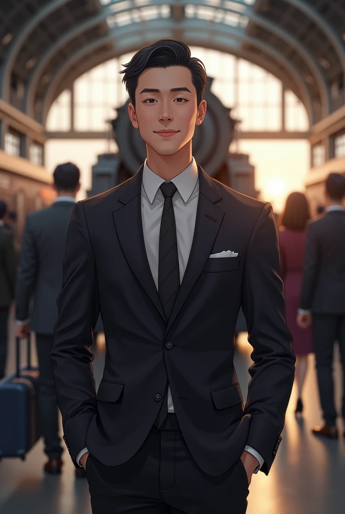 man, short black hair, closed smile, dressed in an elegant suit, full body, in a train station, looking at the camera, a locomotive behind, photorealistic