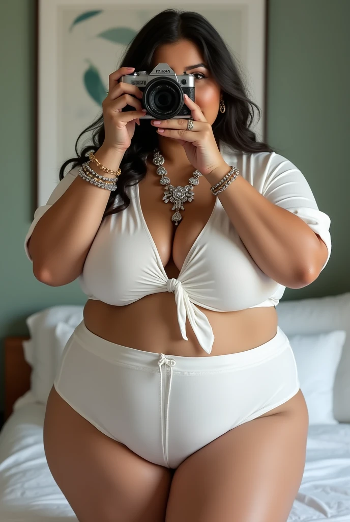 There is a woman taking a picture wearing a white shirt and white shorts., beautiful Thick female, Tsk tsk tsk, wide hips, Thick thighs, attractive plus size model, Rubenesque, Thick legs, big thighs, plus size women, 가장 wide hips, Thick body, Thick, Attractive hourglass shape, Attractive models, Arabian-Japanese Goddess , Beautiful attractive woman, slightly fat arms , Equip 5 bracelets, Wear 3 diamond necklaces, huge breasts, Fat sagging breasts, 미친듯 huge breasts