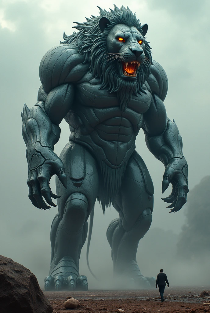 a 100 meter lion with skin made of steel melted by more than 500 degrees Celsius and obsidian claws