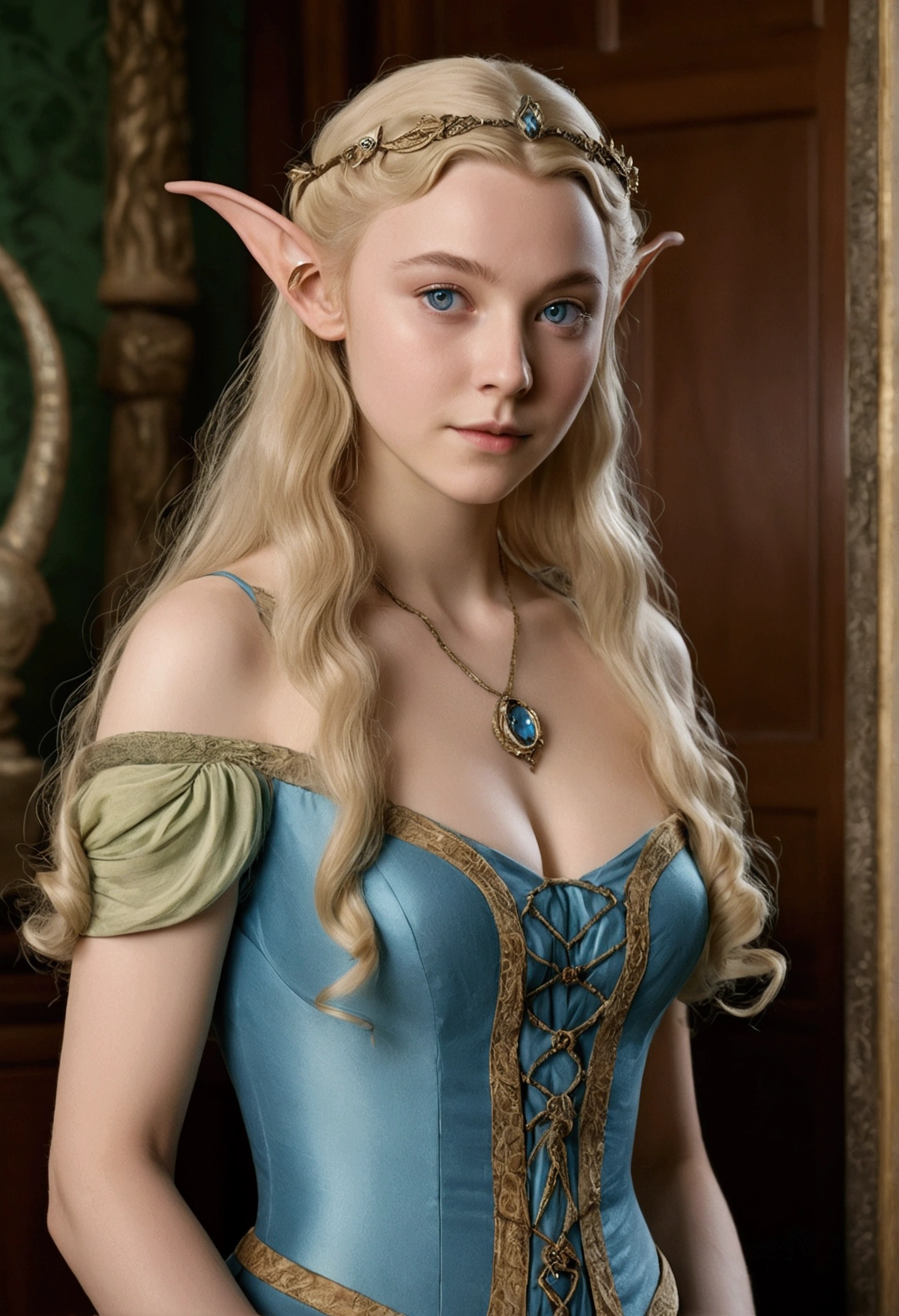 1910s analog film photograph, colorized photo of an elven maiden, 18-years-old, amazonian stature, thick-fit hourglass figure, busty breasts, toned, athletic, wearing a victorian traveling dress, warm almond complexion, pointy elf ears, blue eyes, platinum blonde hair, thick curly bangs, resembles Margaery Tyrell, standing in a manor drawing room, RAW Photograph, dslr, soft lighting, high quality, film grain, Fujifilm XT3, detailed skin with visible pores, insane details, masterpiece, 8k, 35mm photograph, faded film, desaturated, grainy, vintage, Lomography, stained, highly detailed, found footage, long elven ears