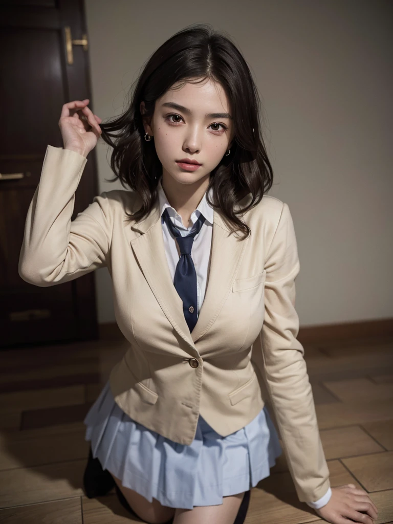 absurdres, RAW photo, extremely delicate and beautiful, masterpiece, Best Quality, ultra high resolution, 16k, hyperrealistic, ultra-detailed, perfect anatomy, super Detailed skin, perfect figure, Very detailed CG 8k wallpaper, in her 20s, very Slim body, narrow waist, very small head, very small face, delicate facial features, tearful mole, earring, thin legs, (very huge round breasts), ((full body shot)), short hair, (wavy hair), light brown hair, 1 girls, ((sweat)), ((school uniform)), (blazer),