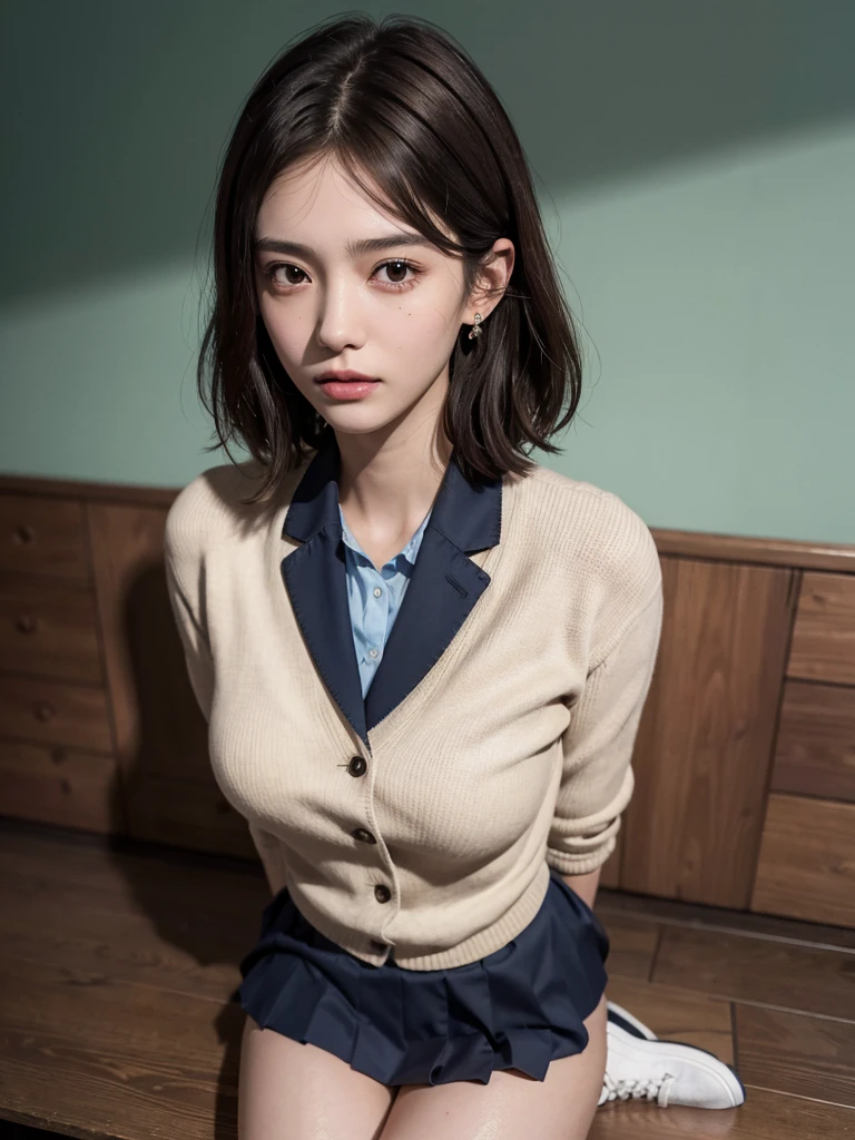 absurdres, RAW photo, extremely delicate and beautiful, masterpiece, Best Quality, ultra high resolution, 16k, hyperrealistic, ultra-detailed, perfect anatomy, super Detailed skin, perfect figure, Very detailed CG 8k wallpaper, in her 20s, very Slim body, narrow waist, very small head, very small face, delicate facial features, tearful mole, earring, thin legs, (very huge round breasts), ((full body shot)), short hair, (wavy hair), light brown hair, 1 girls, ((sweat)), ((school uniform)), (blazer),