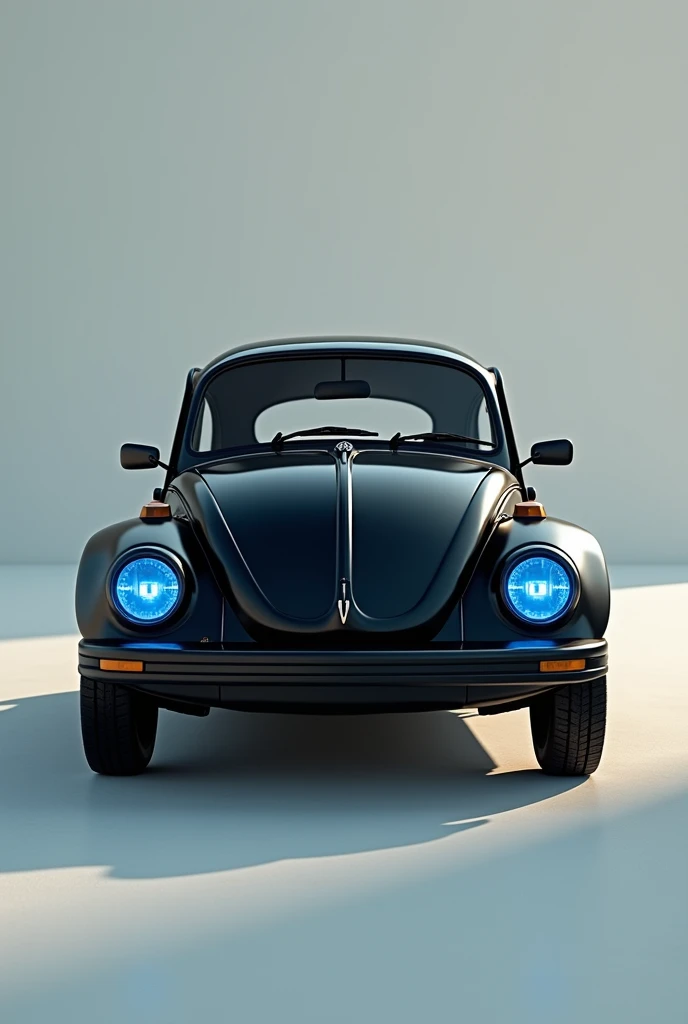 Cut in half the image of a black 1980 Beetle with blue headlights