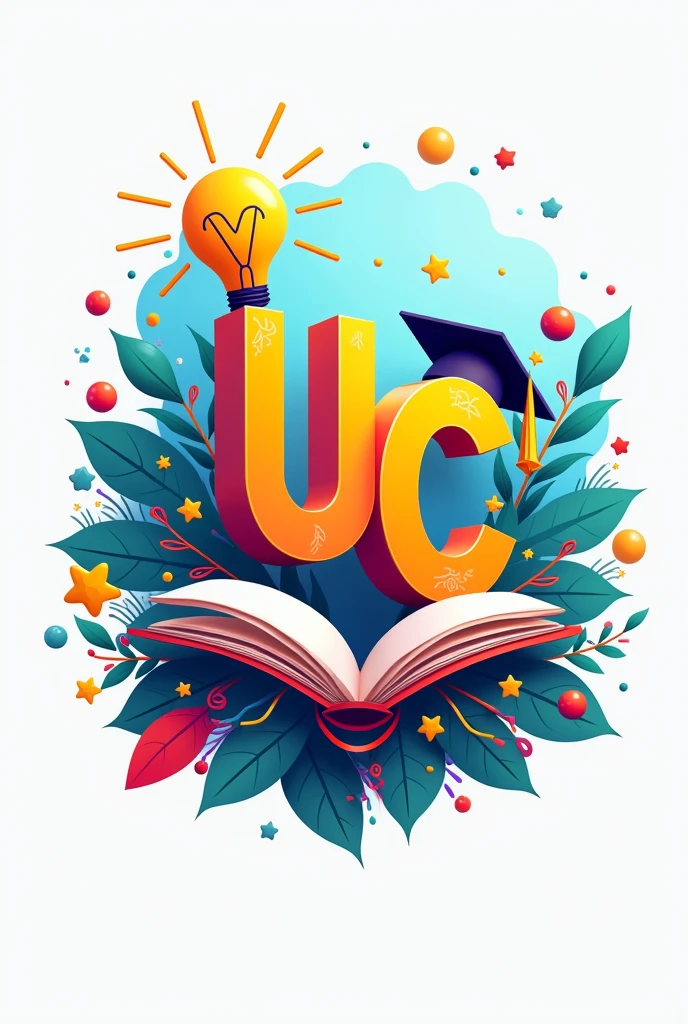 Create a vibrant and eye-catching logo for an educational card with the initials "UC". The design should reflect a sense of learning and creativity, incorporating vivid colors to make the logo stand out. The initials "UC" should be prominently featured and integrated into a dynamic and modern design. Consider using elements that symbolize education, such as books, graduation caps, or lightbulbs, while ensuring the overall look is fresh and engaging. The final logo should be versatile enough to be used across various media and maintain its impact in both small and large formats.