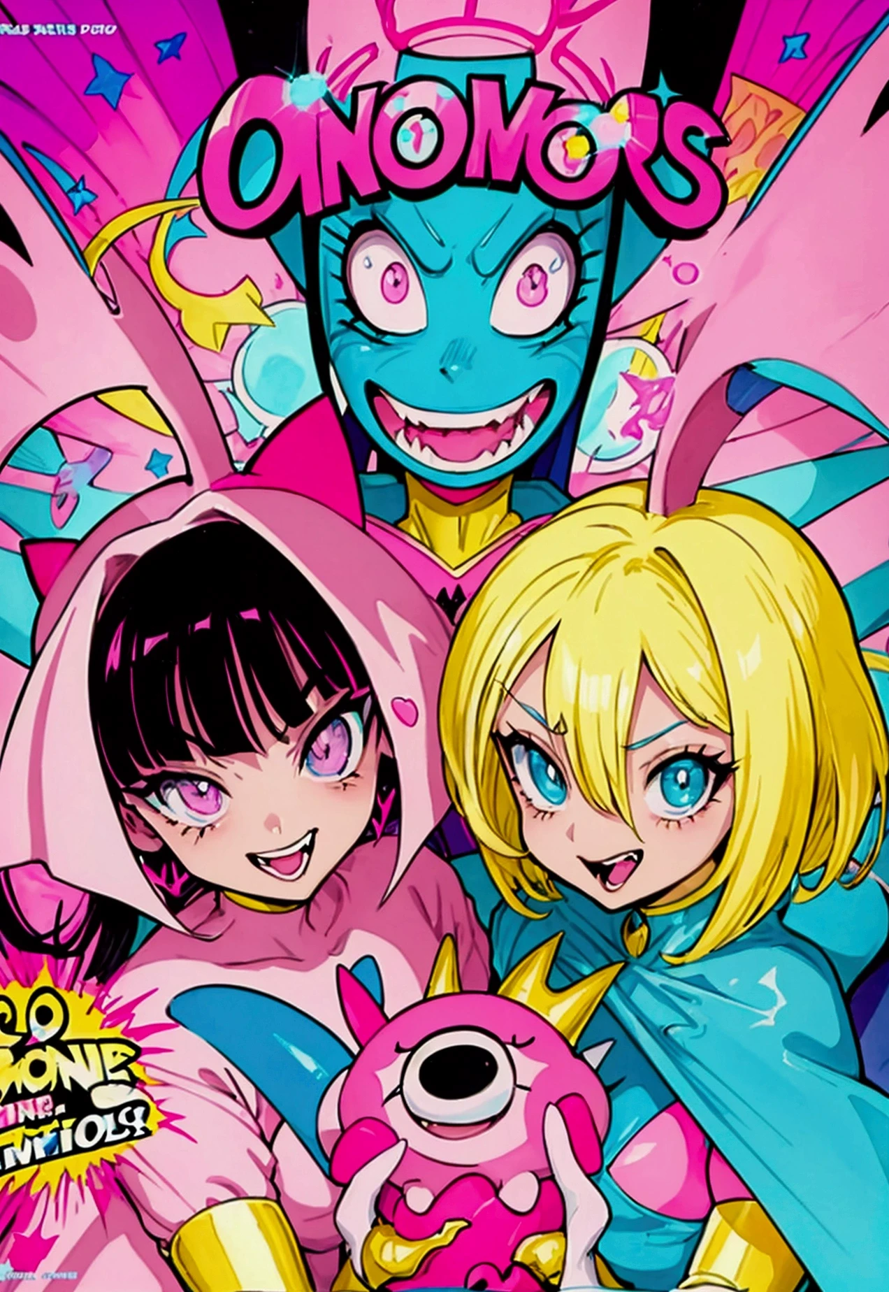 a close up of a cartoon character with a pink outfit, hylics artwork, vibrant fan art, trending on artstation.', comic cover art, 90s comic book character design, by Victor Mosquera, epic comic book style, marvelous expression, comic book cover art, pink iconic character, by Android Jones, comic book art style, by Pedro Pedraja