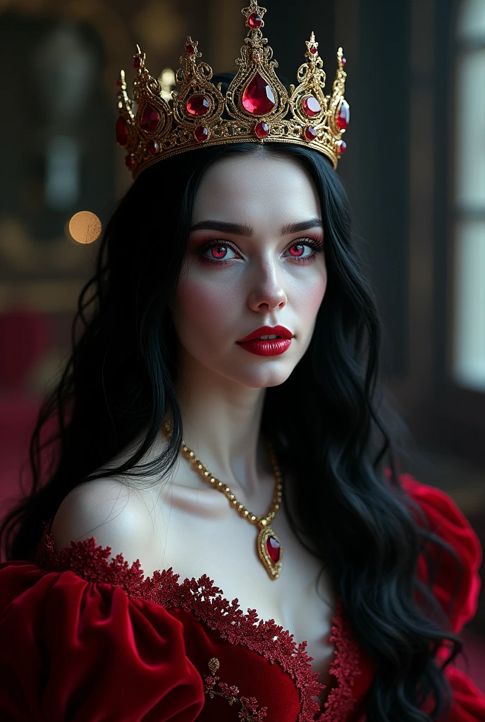 A vampire woman with long black hair and bangs, pink iris eyes and a golden crown with ruby stones on her head, wearing a red velvet medieval dress