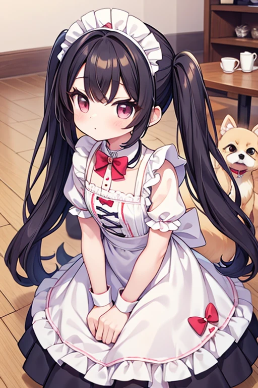 Highest quality,masterpiece,dogcafe,Girl clerk,Maid clothes,(Pomeranian,Multiple small dogs 1.3),Anime Style,cute,Twin tail hair,