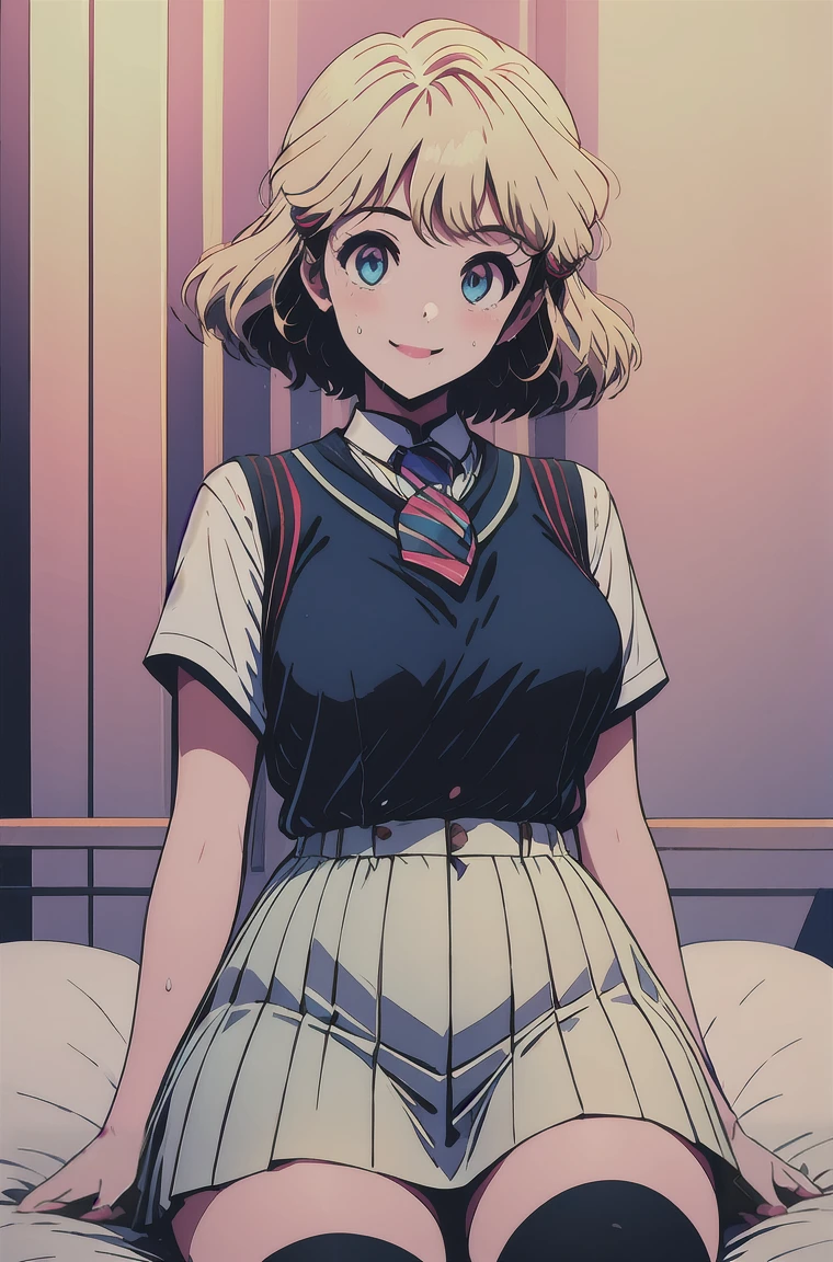 masterpiece, Highest quality, One Girl, alone, chest, View your audience, blush, smile, short hair, bangs, blue eyes, skirt, large chest, blonde, shirt, hair ornaments, Knee socks, Long sleeve, bow, Hair between the eyes, Sitting, Mouth closed, school uniform, white shirt, pleated skirt, Hair Clip, collared shirt, black Knee socks, indoor, bowtie, huge chest, blue skirt, zettai ryouiki, See through, pillow, bed, on bed, blue bow, Bra visible through clothes, wet shirt  