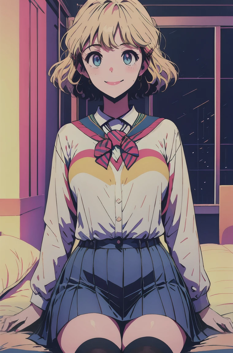 masterpiece, Highest quality, One Girl, alone, chest, View your audience, blush, smile, short hair, bangs, blue eyes, skirt, large chest, blonde, shirt, hair ornaments, Knee socks, Long sleeve, bow, Hair between the eyes, Sitting, Mouth closed, school uniform, white shirt, pleated skirt, Hair Clip, collared shirt, black Knee socks, indoor, bowtie, huge chest, blue skirt, zettai ryouiki, See through, pillow, bed, on bed, blue bow, Bra visible through clothes, wet shirt  