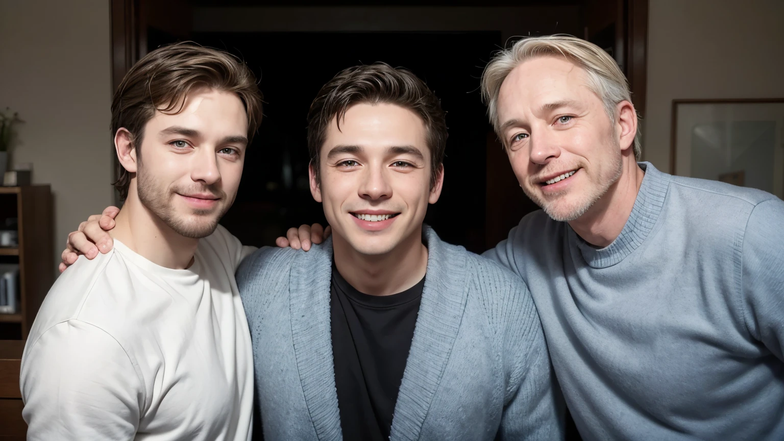 three smiling white men who are the same person, they are standing next to each other, they are of different ages, one is 20 years old, the other is 40 years old, and the other is 60 years old, they are the same person and have the same size. The background of the image is white
