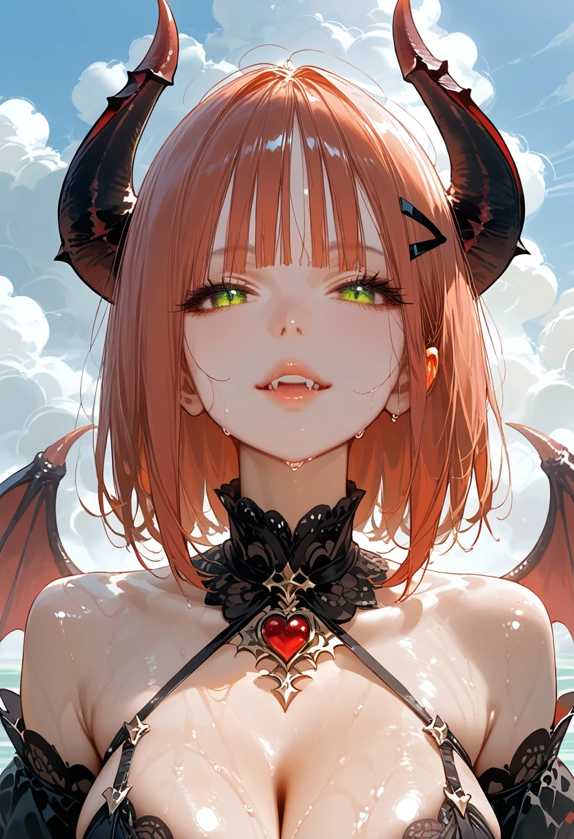 score_9, score_8_up,score_7_up,masterpiece, best quality, perfect anatomy, very aesthetic, official art, 8k,source_anime,2D,1girl,wet shiny skin ,gleaming skin,seductive face,closed mouth,fangs,eyelashes,lips gloss,demon_girl,demon_wings,devil horns,huge_breasts,short bob hair,green blunt bangs,hairclip,gothic ta ,cloud focus,