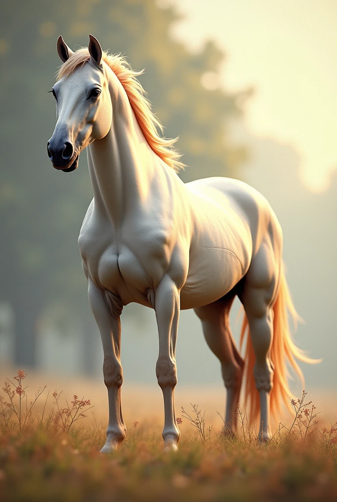 A picture of a beautiful horse, looking graceful and beautiful. The horse has shiny hair that sways in the breeze, and has a graceful body. 