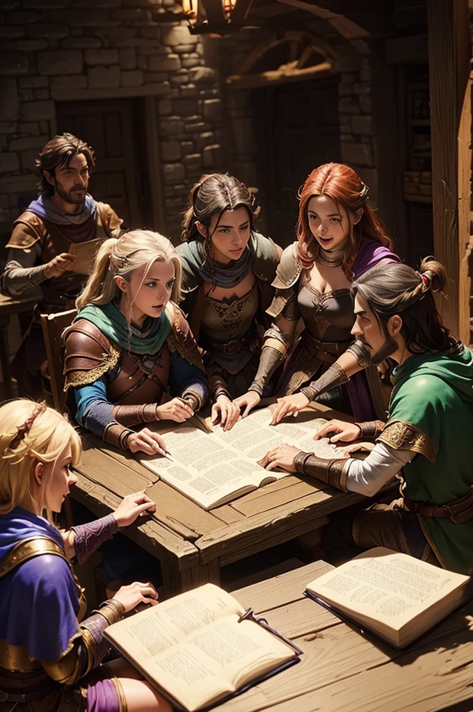(((A group of friends playing D&d))). ((rpg de mesa). (Book Style D&d). (d'epic characters&d). (d&d). (Epic Tavern Background). anthropomorphic character, woman with curly hair and cat ears, redhead warrior, Leprechaun, gorgeous faces, faces in detail, Photographic realism.