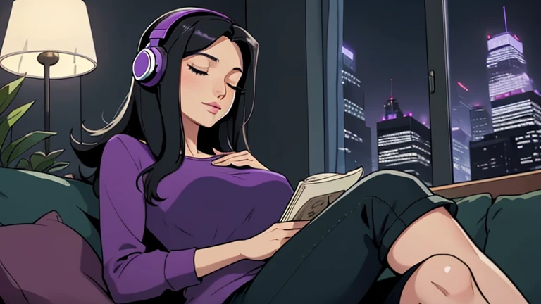 Beautiful woman in her 30s with black hair is sitting with headphones on the sofa. Looking down, eyes closed, LOFI girl, alone in the room, blouse, cozy wallpaper, big cushion, bookshelf, relaxing mood, night core, cozy, wide glass window with skyscrapers, outside view at night, only five fingers, purple wall,Well-proportioned face, Hands on knees