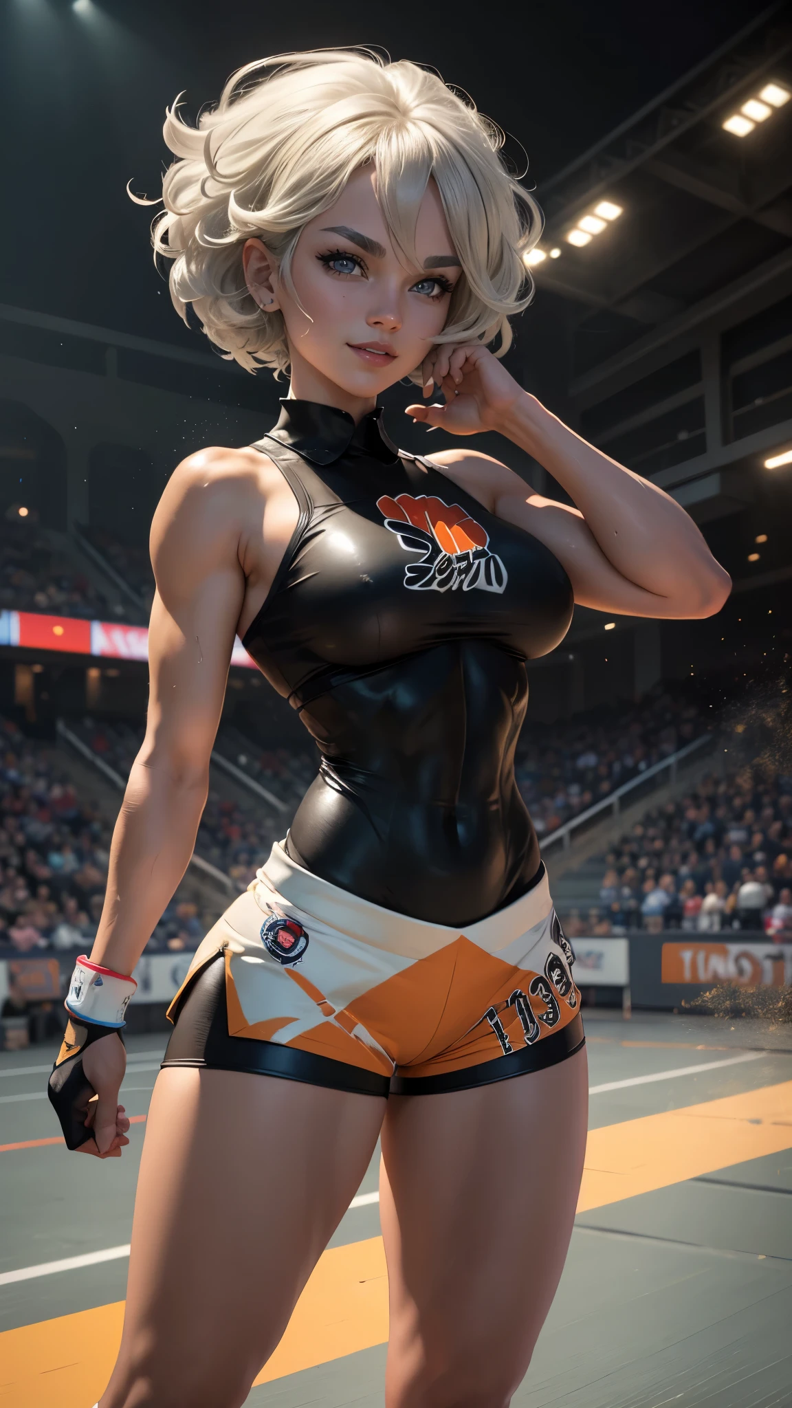 Bea da pokemon,(best qualityer,4K,8k,high resolution, work of art:1.2)(weather: windy), sport stadium background, short curly hair, gray hair, cropped shirt, micro shorts, thigh high stockings, headband, gloves, leotard, ultra detailed, realistic, beautiful detailed gray eyes, beautiful detailed lips, extremely detailed eye and face, long eyelashes, average, large breasts, flying hair, beaming smile, powerful girl in a combat, karate stance, wet body, bright coloured, dramatic lighting,