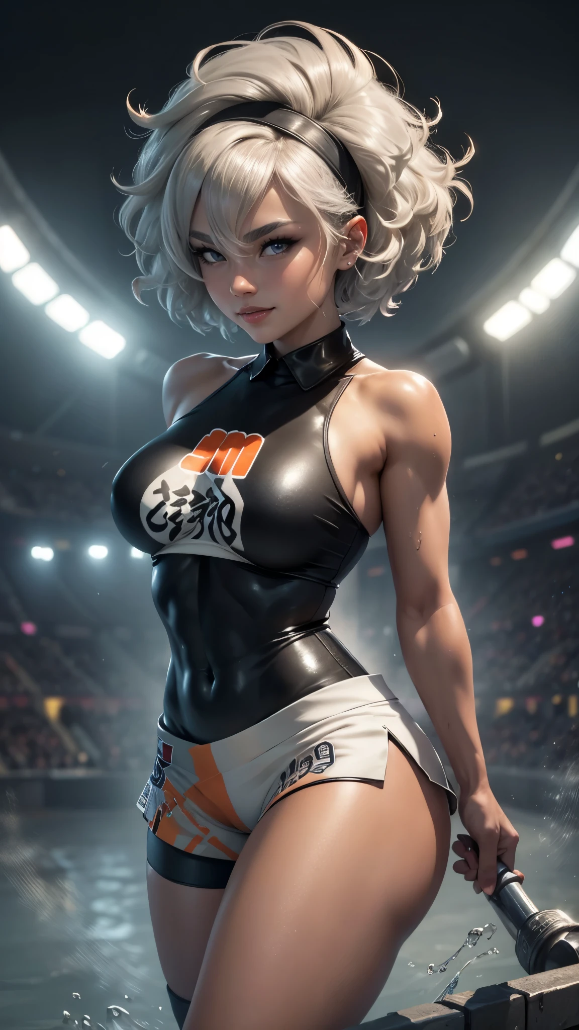 Bea da pokemon,(best qualityer,4K,8k,high resolution, work of art:1.2)(weather: windy), sport stadium background, short curly hair, gray hair, cropped shirt, micro shorts, thigh high stockings, headband, gloves, leotard, ultra detailed, realistic, beautiful detailed gray eyes, beautiful detailed lips, extremely detailed eye and face, long eyelashes, average, large breasts, flying hair, beaming smile, powerful girl in a combat, karate stance, wet body, bright coloured, dramatic lighting,