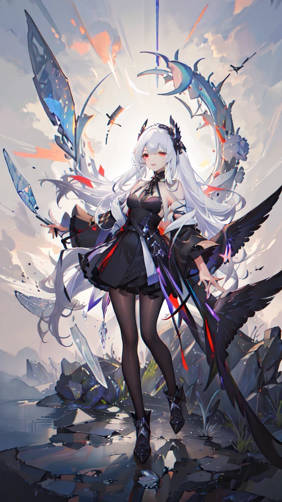 Black cat with white wings flying in orange sky