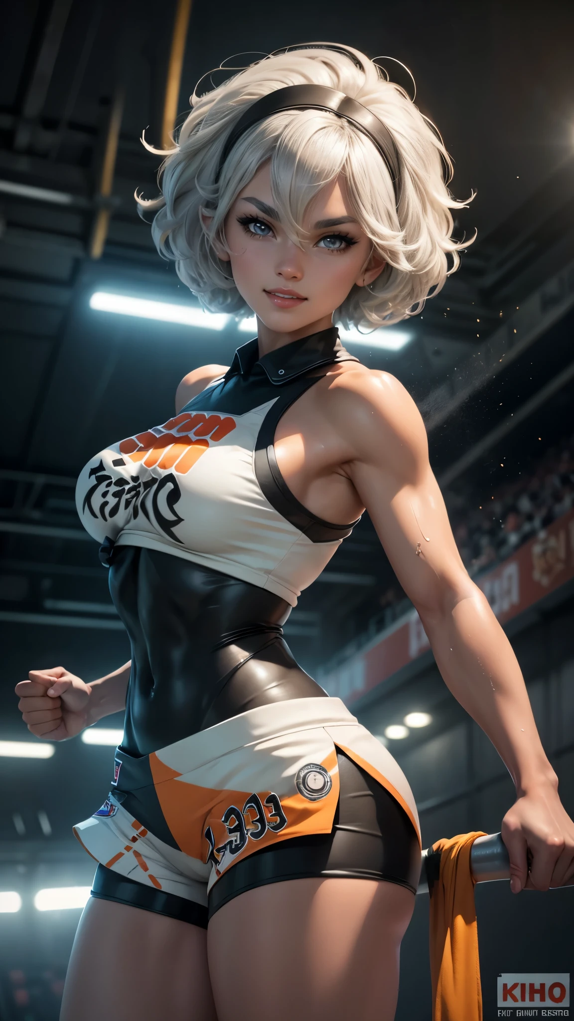 Bea da pokemon,(best qualityer,4K,8k,high resolution, work of art:1.2)(weather: windy), sport stadium background, short curly hair, gray hair, cropped shirt, micro shorts, thigh high stockings, headband, gloves, leotard, ultra detailed, realistic, beautiful detailed gray eyes, beautiful detailed lips, extremely detailed eye and face, long eyelashes, average, large breasts, flying hair, beaming smile, powerful girl in a combat, karate stance, wet body, bright coloured, dramatic lighting,