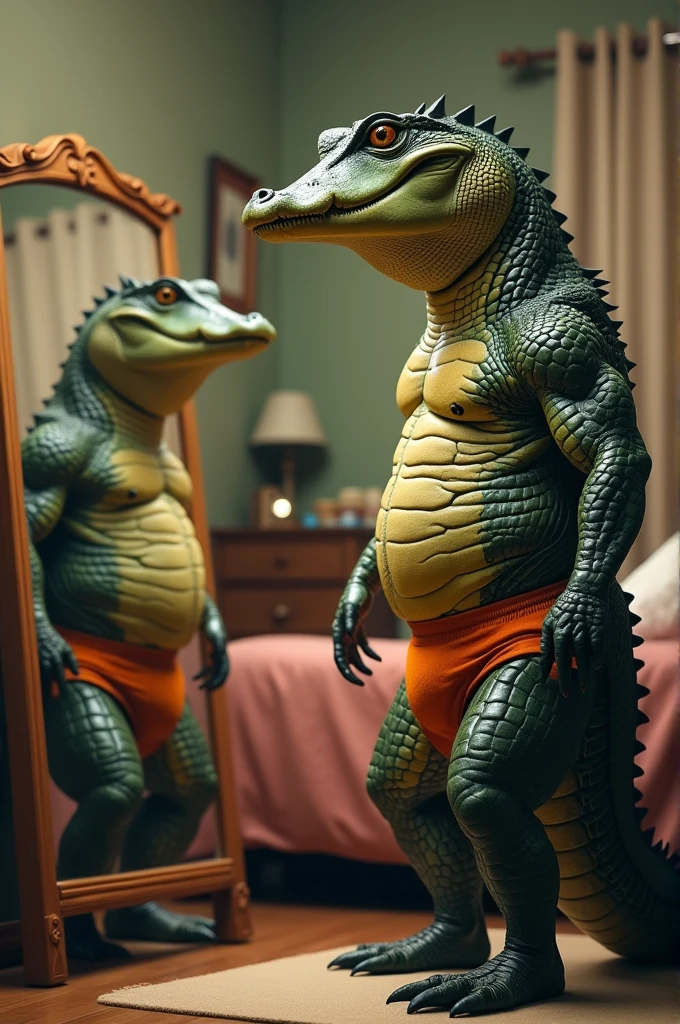 Muscle Alligator in bedroom wearing underwear looking at mirror with fake smile full body